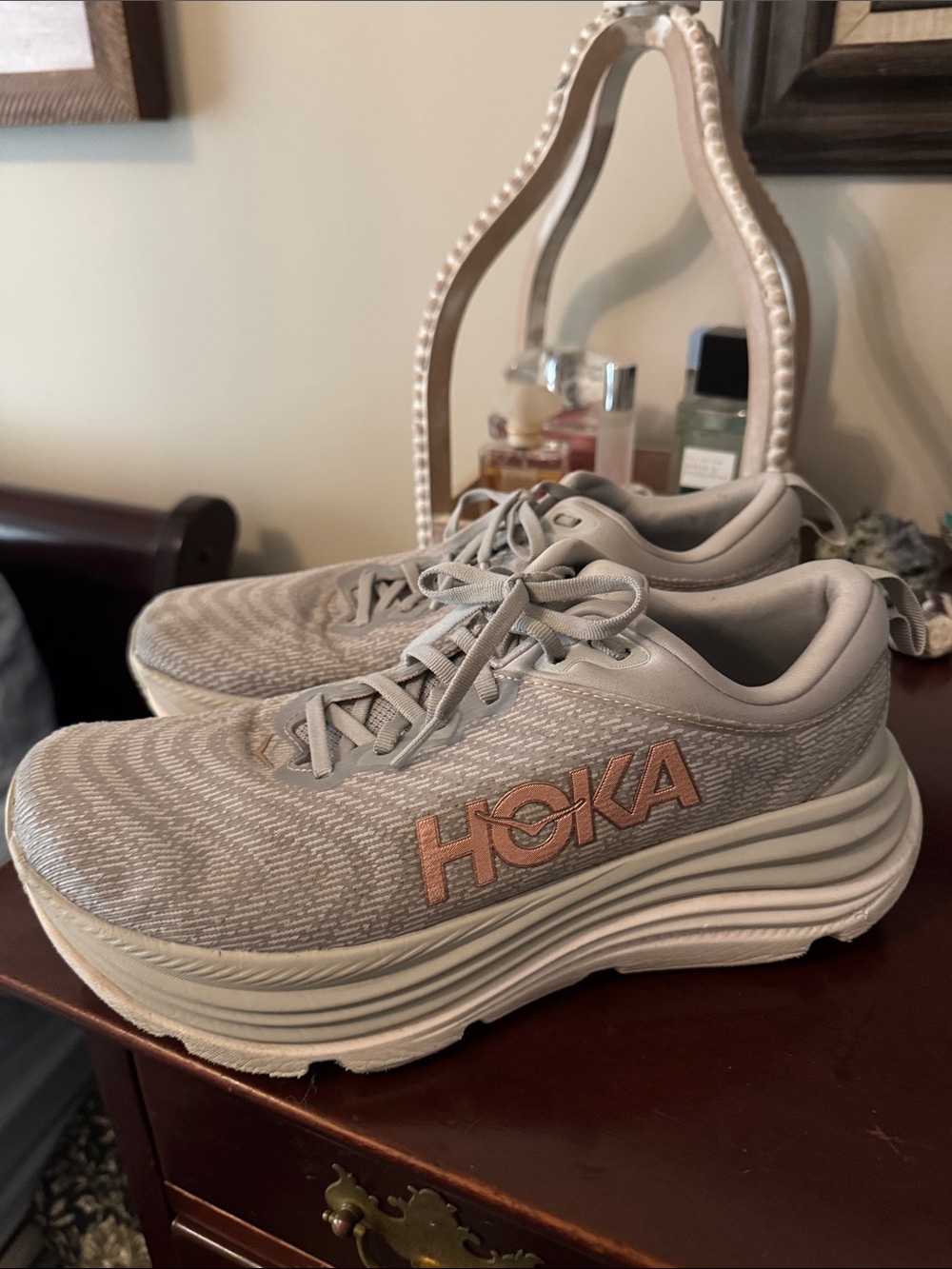Hoka One Gaviota 5 Women's Size 10 Light Gray Sneakers with Rose Gold Logo
